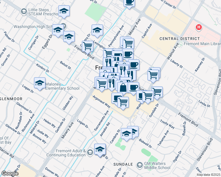 map of restaurants, bars, coffee shops, grocery stores, and more near 39052 Fremont Hub in Fremont