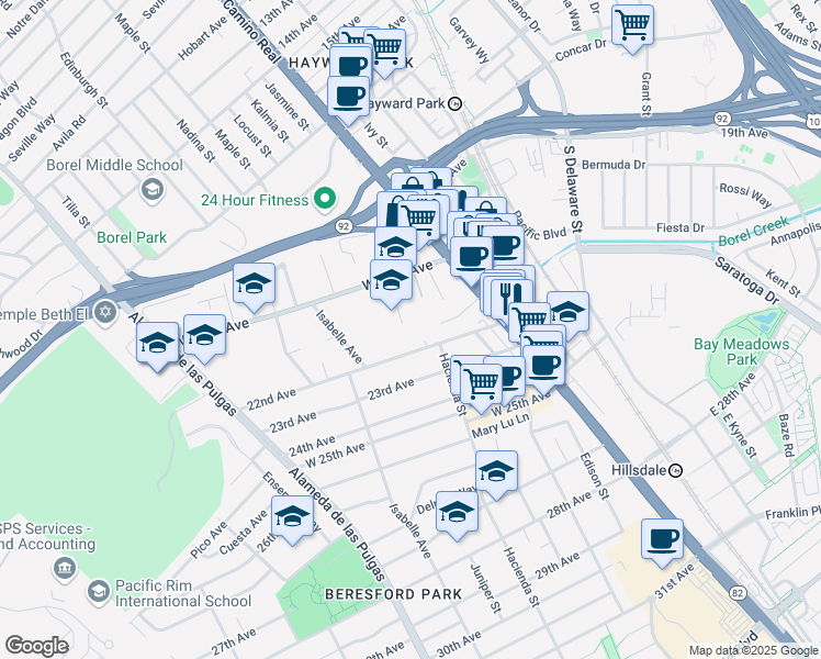 map of restaurants, bars, coffee shops, grocery stores, and more near 2051 Pioneer Court in San Mateo