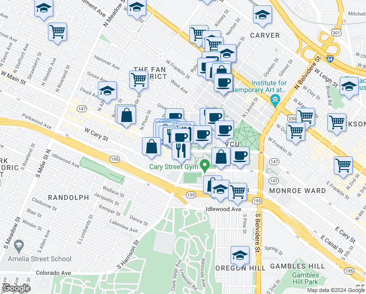 map of restaurants, bars, coffee shops, grocery stores, and more near 1106 West Main Street in Richmond