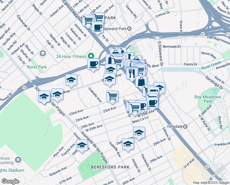 map of restaurants, bars, coffee shops, grocery stores, and more near 2051 Pioneer Court in San Mateo