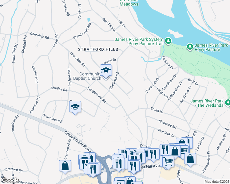 map of restaurants, bars, coffee shops, grocery stores, and more near 7435 Comanche Drive in Richmond