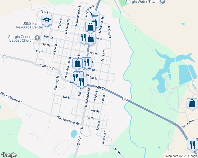 map of restaurants, bars, coffee shops, grocery stores, and more near 600 North Pike Street in Sturgis