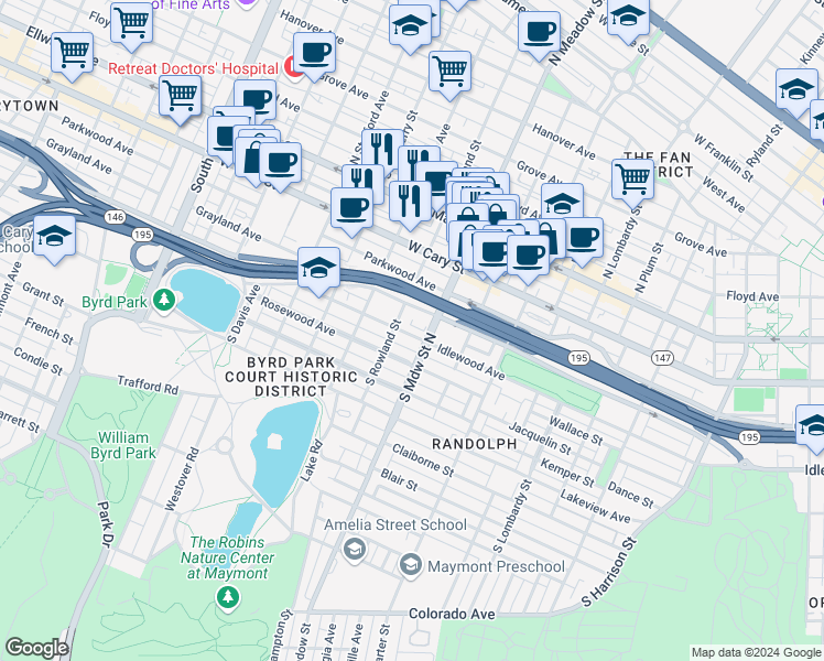 map of restaurants, bars, coffee shops, grocery stores, and more near 2012 Idlewood Avenue in Richmond