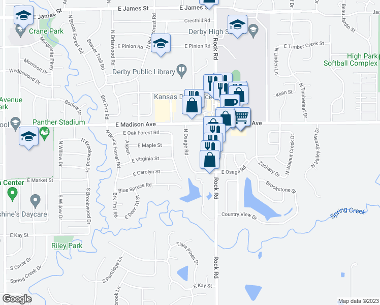 map of restaurants, bars, coffee shops, grocery stores, and more near 206 North Osage Road in Derby