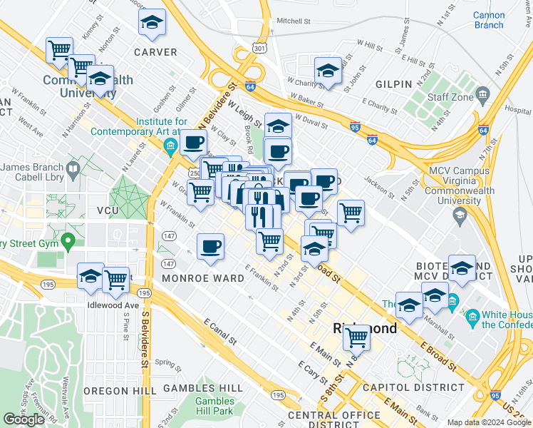 map of restaurants, bars, coffee shops, grocery stores, and more near 8 West Broad Street in Richmond