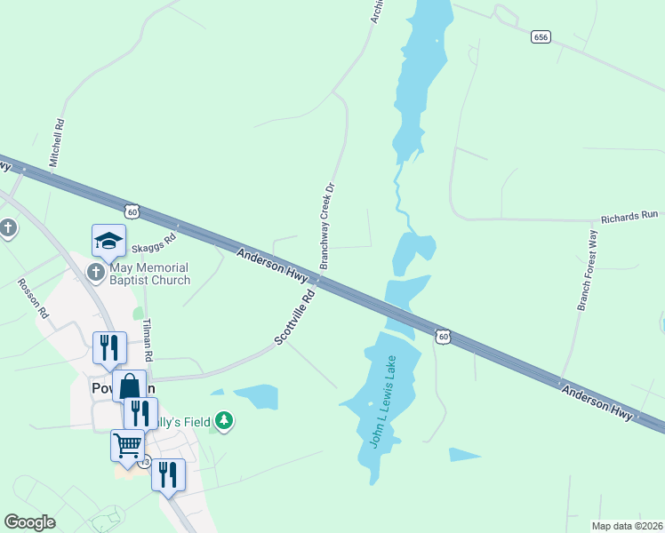 map of restaurants, bars, coffee shops, grocery stores, and more near 2300 Branchway Creek Drive in Powhatan