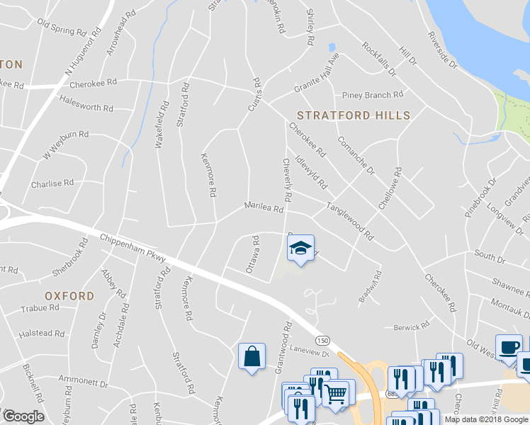 map of restaurants, bars, coffee shops, grocery stores, and more near 7725 Marilea Road in Richmond