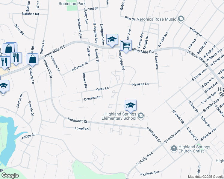 map of restaurants, bars, coffee shops, grocery stores, and more near 5808 Yates Lane in Richmond