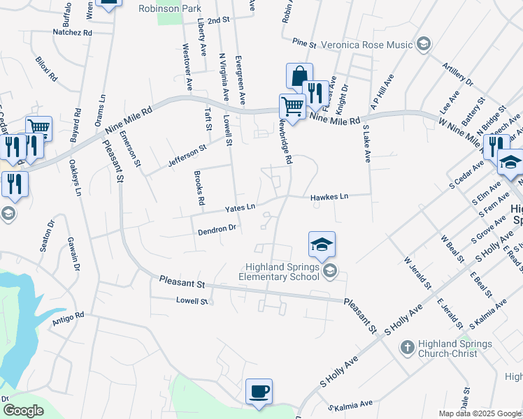 map of restaurants, bars, coffee shops, grocery stores, and more near 5808 Yates Lane in Richmond