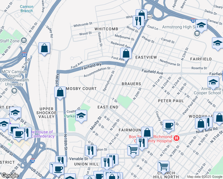 map of restaurants, bars, coffee shops, grocery stores, and more near 1422 Mechanicsville Turnpike in Richmond