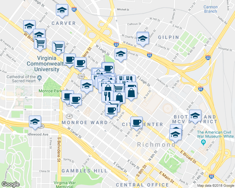 map of restaurants, bars, coffee shops, grocery stores, and more near 11 West Marshall Street in Richmond