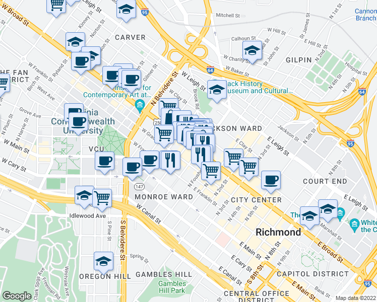 map of restaurants, bars, coffee shops, grocery stores, and more near in Richmond