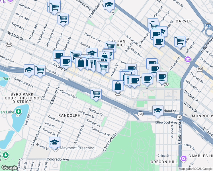 map of restaurants, bars, coffee shops, grocery stores, and more near 20 South Plum Street in Richmond