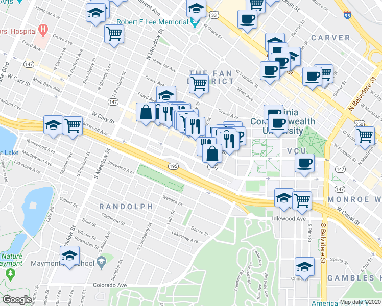 map of restaurants, bars, coffee shops, grocery stores, and more near 20 South Plum Street in Richmond