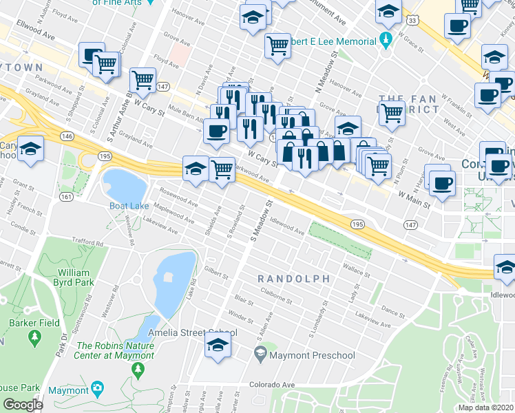 map of restaurants, bars, coffee shops, grocery stores, and more near 300 South Meadow Street in Richmond