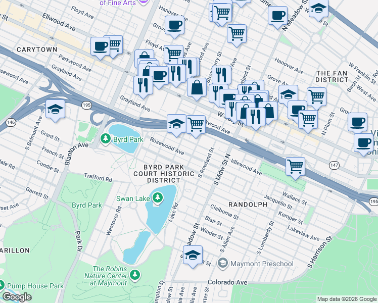 map of restaurants, bars, coffee shops, grocery stores, and more near 2201 Idlewood Avenue in Richmond