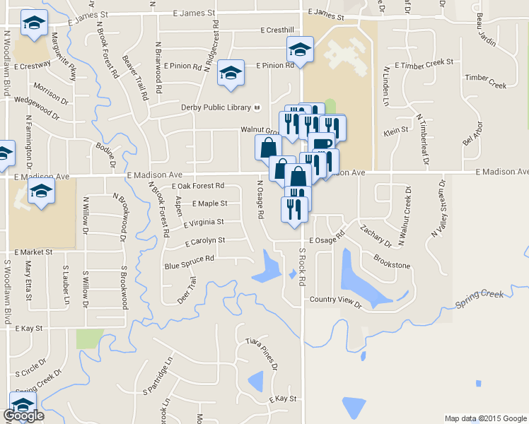 map of restaurants, bars, coffee shops, grocery stores, and more near 214 North Osage Road in Derby