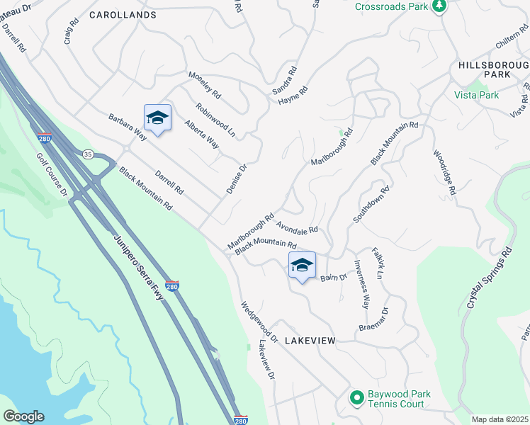 map of restaurants, bars, coffee shops, grocery stores, and more near 1600 Marlborough Road in Hillsborough