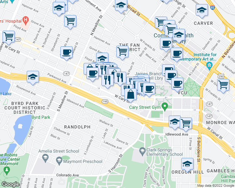 map of restaurants, bars, coffee shops, grocery stores, and more near 18 South Plum Street in Richmond