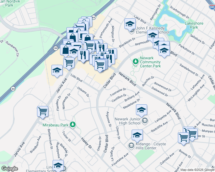 map of restaurants, bars, coffee shops, grocery stores, and more near 6117 Cedar Boulevard in Newark
