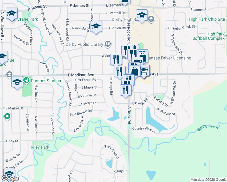 map of restaurants, bars, coffee shops, grocery stores, and more near 214 North Osage Road in Derby