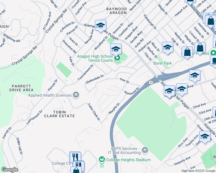map of restaurants, bars, coffee shops, grocery stores, and more near 1306 Ashwood Court in San Mateo