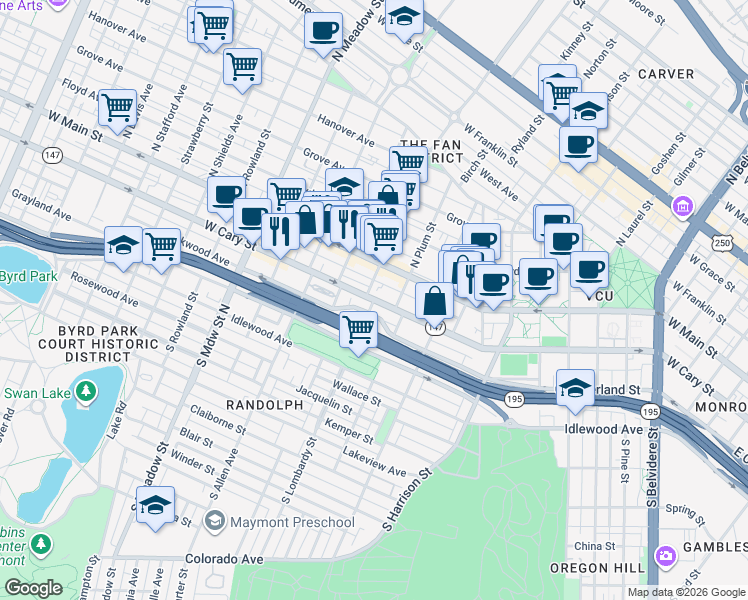 map of restaurants, bars, coffee shops, grocery stores, and more near West Cary Street in Richmond