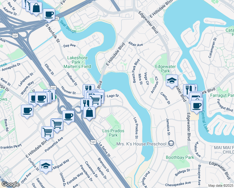 map of restaurants, bars, coffee shops, grocery stores, and more near 1553 Lago Street in San Mateo