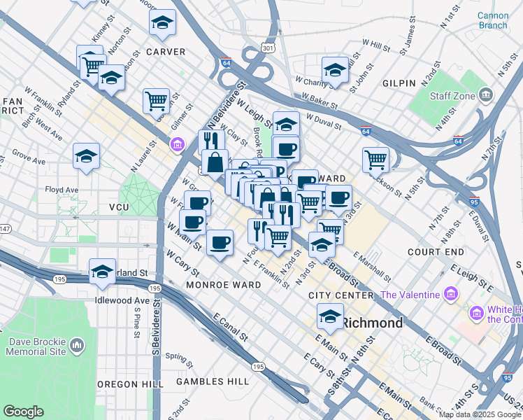 map of restaurants, bars, coffee shops, grocery stores, and more near W Broad St & N Adams St in Richmond