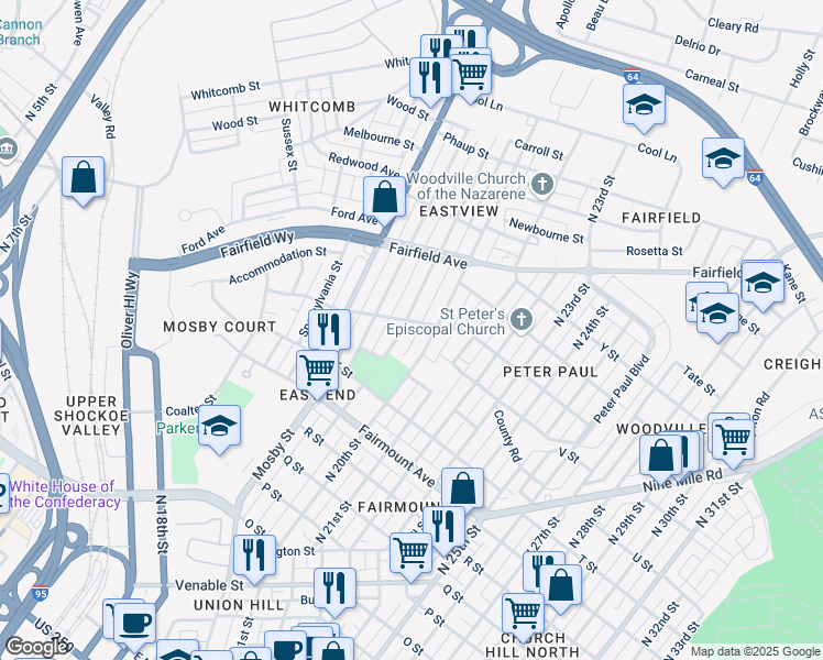 map of restaurants, bars, coffee shops, grocery stores, and more near 1500 North 19th Street in Richmond