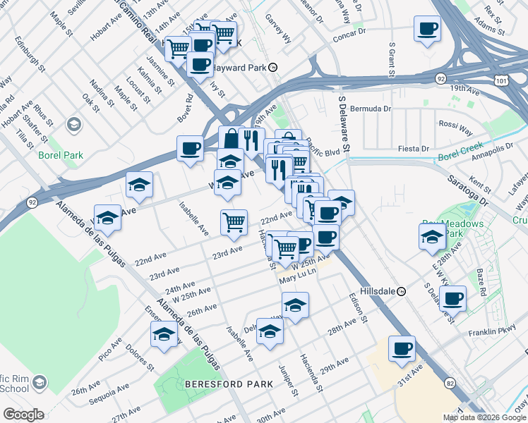 map of restaurants, bars, coffee shops, grocery stores, and more near 71 Lodato Avenue in San Mateo