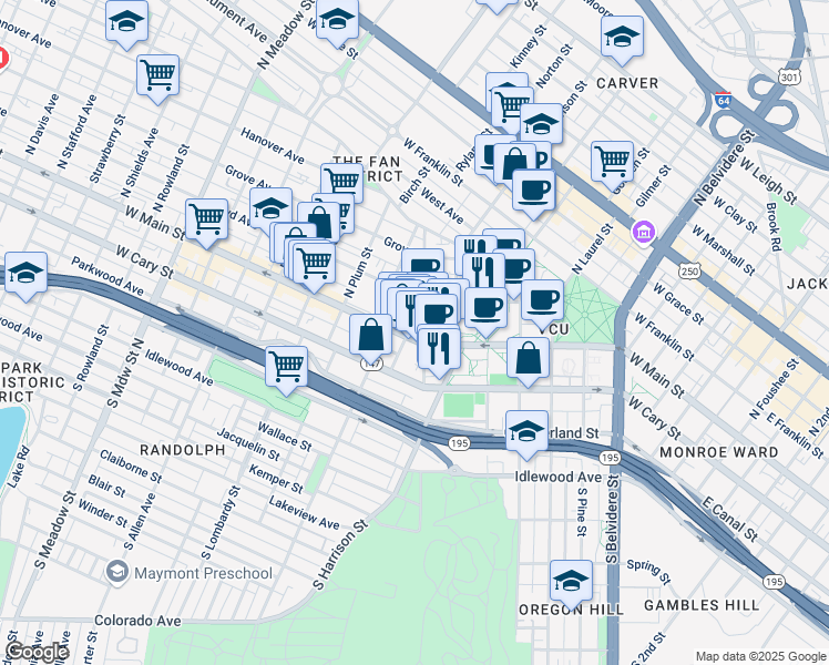 map of restaurants, bars, coffee shops, grocery stores, and more near in Richmond