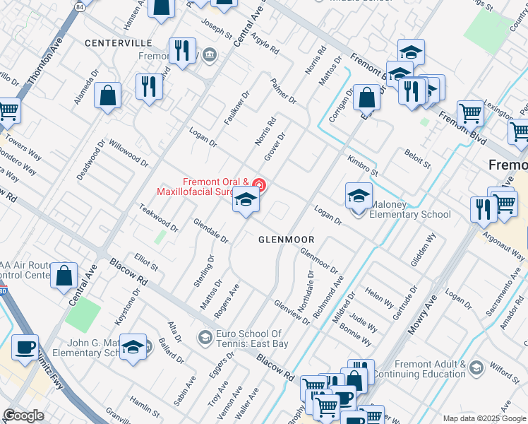 map of restaurants, bars, coffee shops, grocery stores, and more near 4591 Meyer Park Circle in Fremont