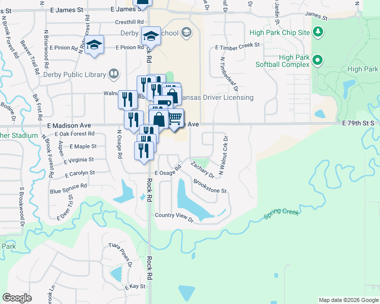 map of restaurants, bars, coffee shops, grocery stores, and more near 314 North Zachary Drive in Derby