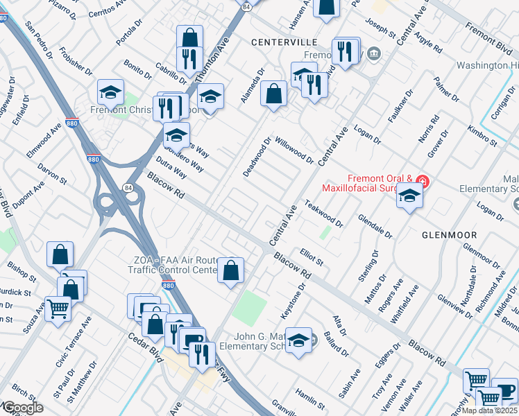 map of restaurants, bars, coffee shops, grocery stores, and more near 4956 Roselle Common in Fremont