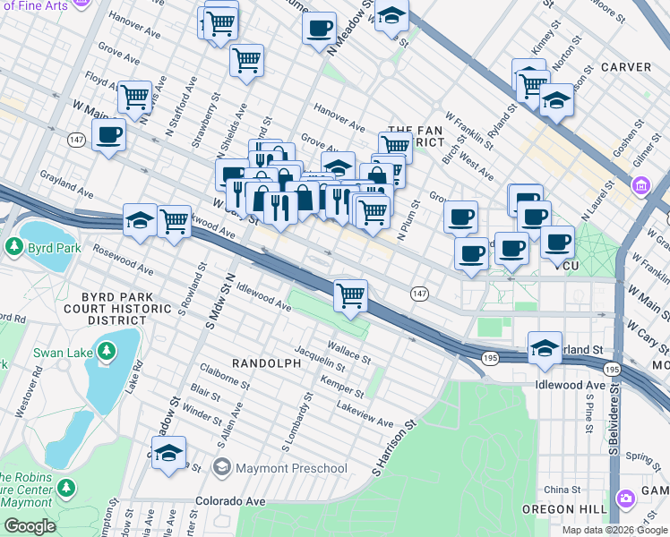 map of restaurants, bars, coffee shops, grocery stores, and more near in Richmond
