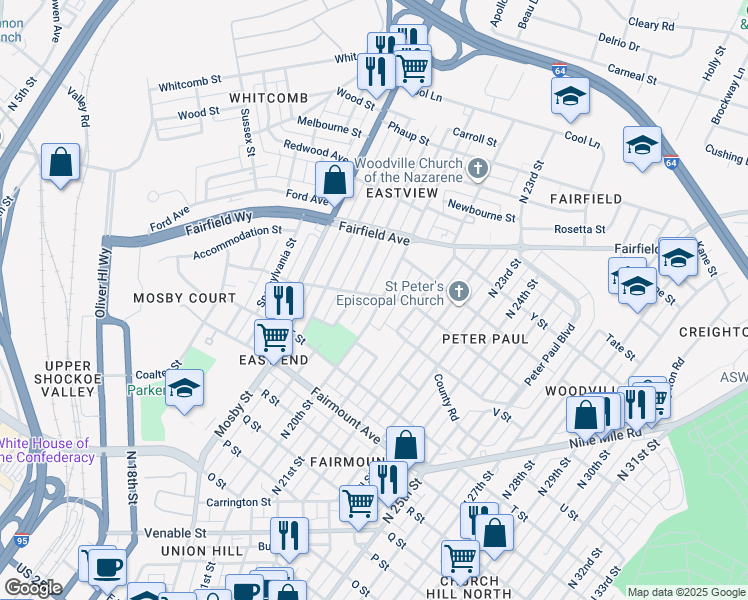 map of restaurants, bars, coffee shops, grocery stores, and more near 1522 North 20th Street in Richmond