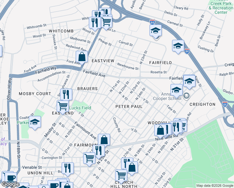 map of restaurants, bars, coffee shops, grocery stores, and more near 1800 North 22nd Street in Richmond
