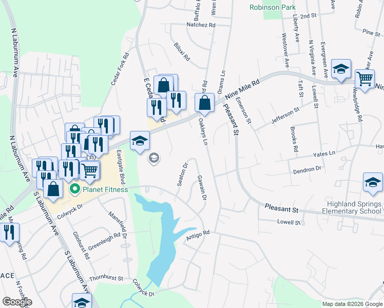 map of restaurants, bars, coffee shops, grocery stores, and more near 103 Seaton Drive in Richmond