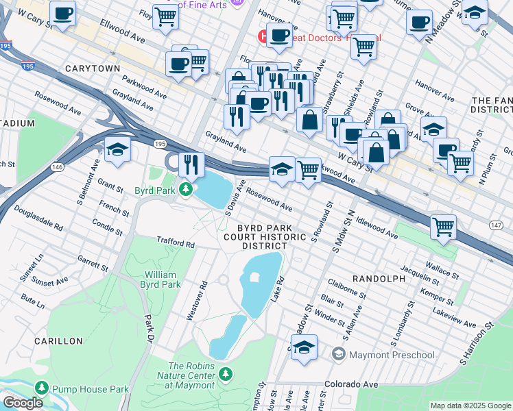 map of restaurants, bars, coffee shops, grocery stores, and more near 2403 Rosewood Avenue in Richmond
