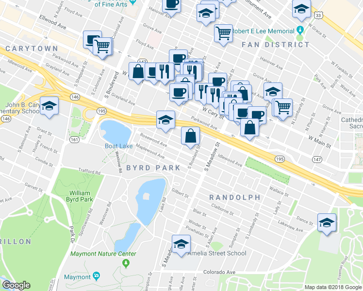 map of restaurants, bars, coffee shops, grocery stores, and more near 408 South Shields Avenue in Richmond