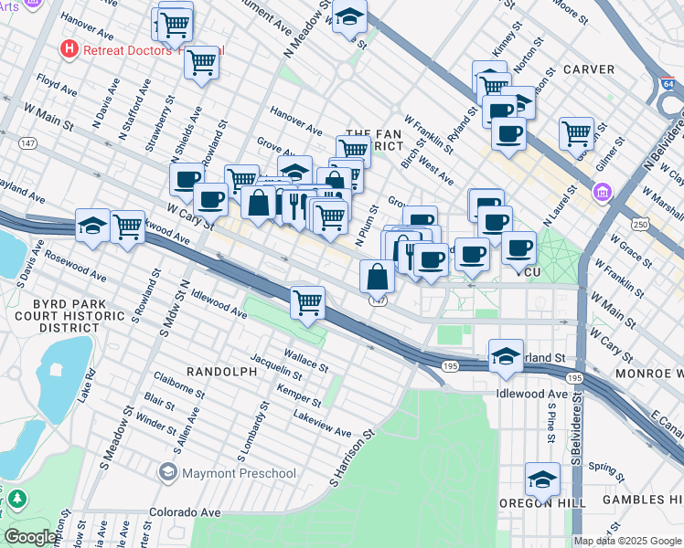 map of restaurants, bars, coffee shops, grocery stores, and more near 14 South Plum Street in Richmond