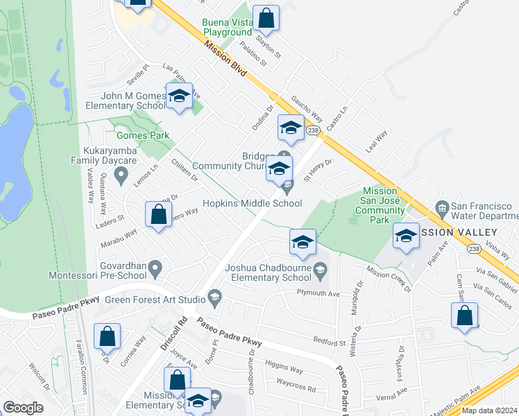 map of restaurants, bars, coffee shops, grocery stores, and more near 764 Mission Villa Terrace in Fremont