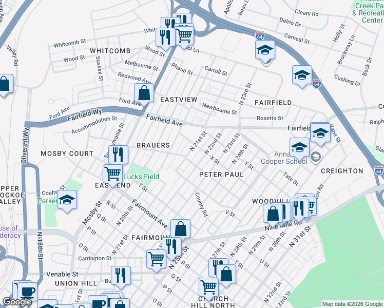 map of restaurants, bars, coffee shops, grocery stores, and more near 1710 North 21st Street in Richmond