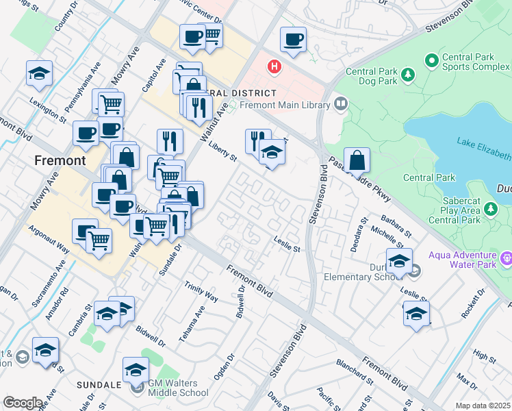 map of restaurants, bars, coffee shops, grocery stores, and more near 3731 Langdon Common in Fremont