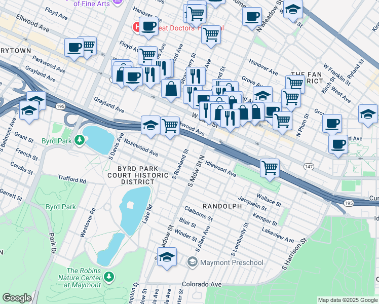 map of restaurants, bars, coffee shops, grocery stores, and more near 2020 Idlewood Avenue in Richmond