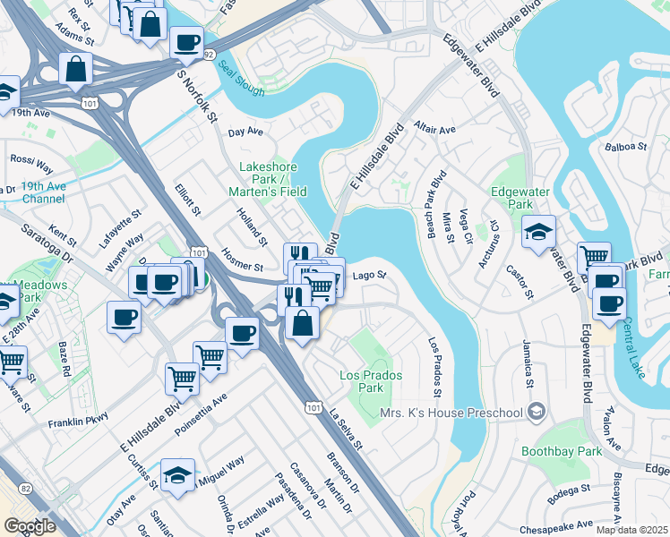 map of restaurants, bars, coffee shops, grocery stores, and more near in San Mateo