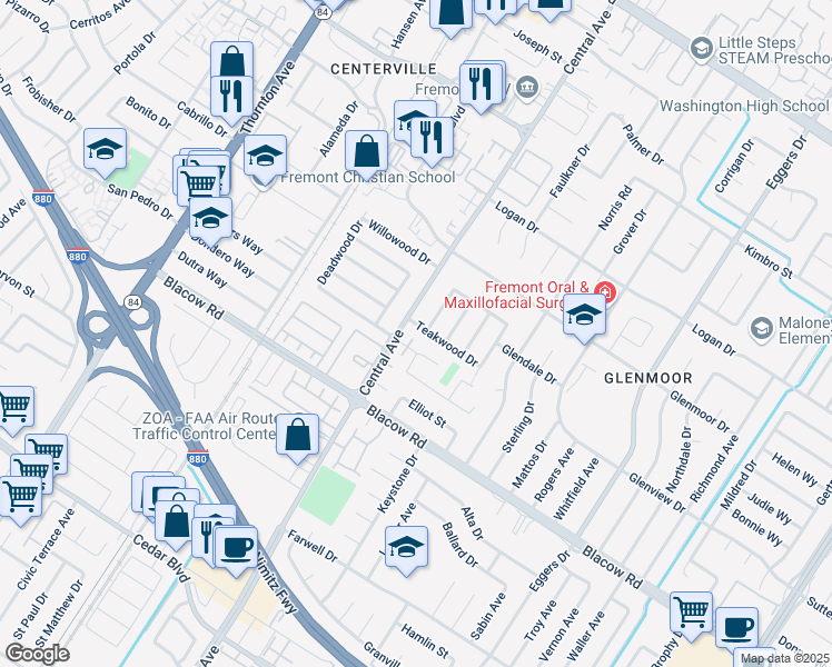 map of restaurants, bars, coffee shops, grocery stores, and more near 4808 Central Avenue in Fremont