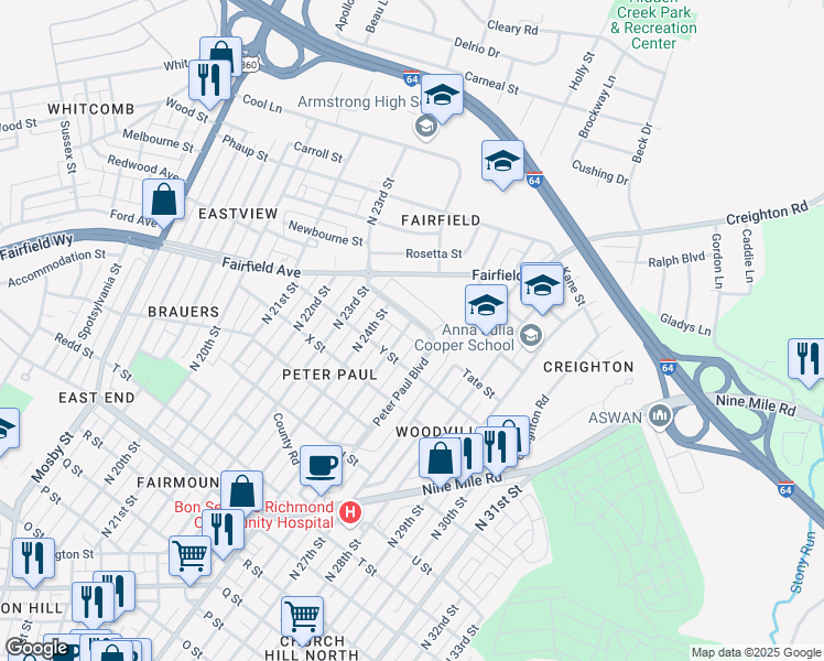 map of restaurants, bars, coffee shops, grocery stores, and more near 2501 Peter Paul Boulevard in Richmond