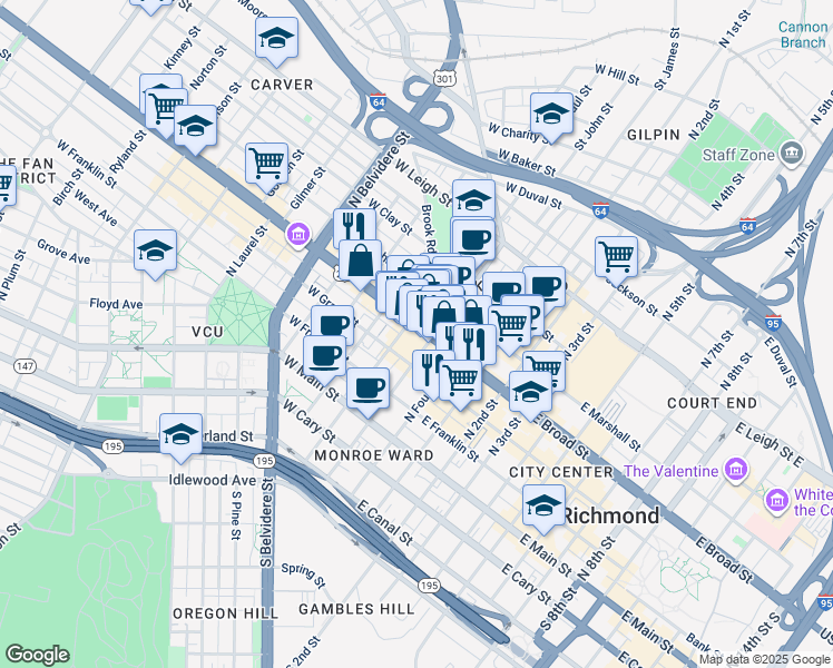 map of restaurants, bars, coffee shops, grocery stores, and more near 115 West Broad Street in Richmond